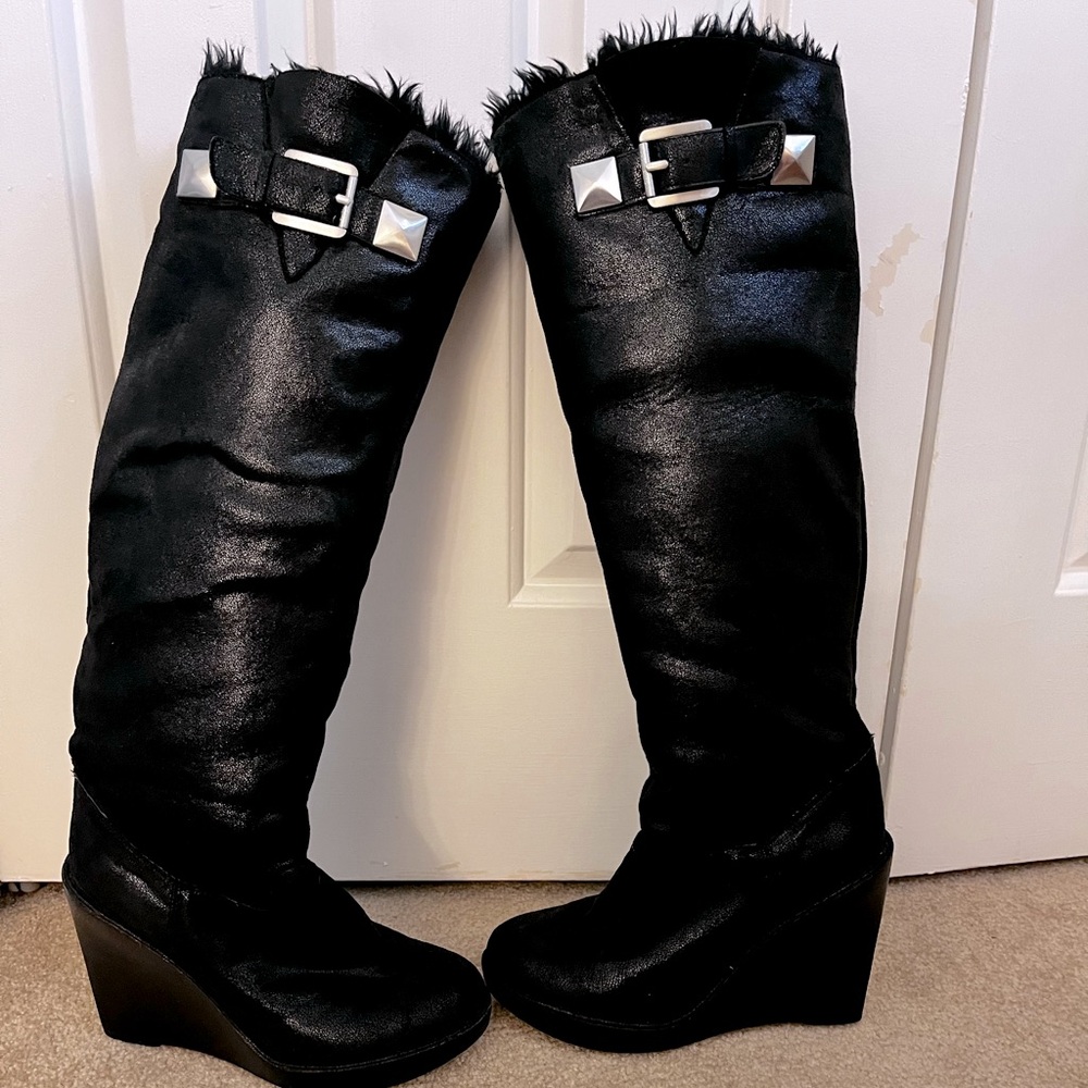 Michael Kors “Calista” Black Faux fur-lined Knee-high Wedge Boot size 7.5